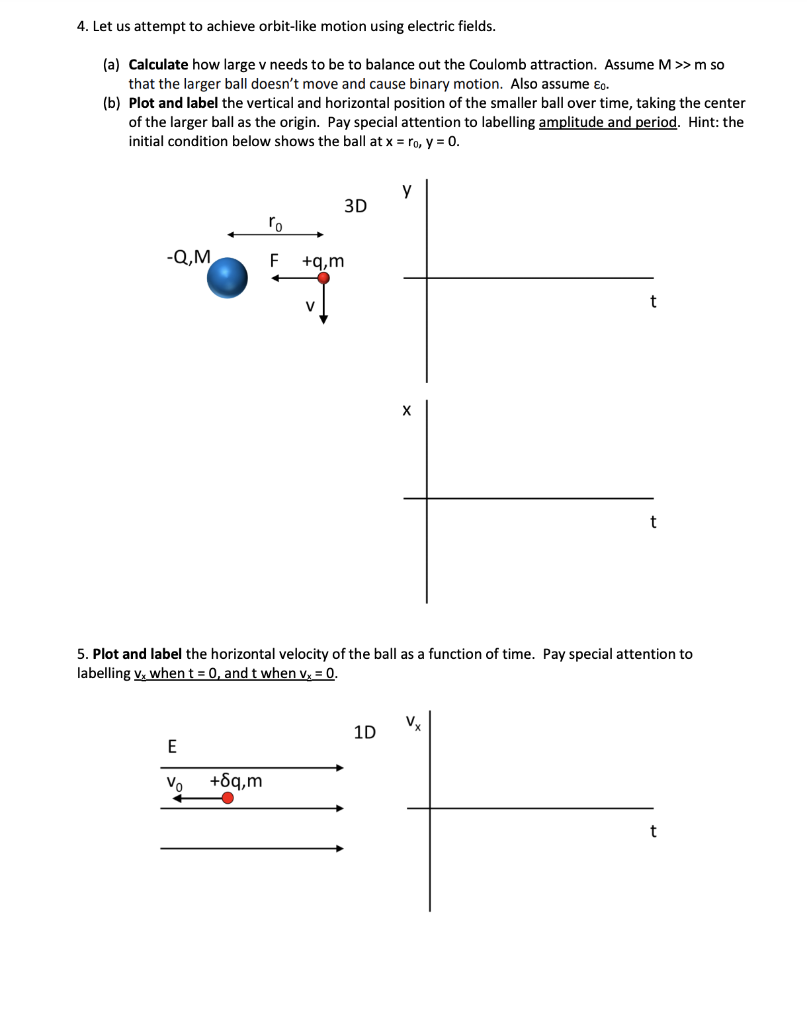 4. Let us attempt to achieve orbit-like motion using electric fields.
(a) Calculate how large v needs to be to balance out the Coulomb attraction. Assume M>>m so
that the larger ball doesn't move and cause binary motion. Also assume ɛg.
(b) Plot and label the vertical and horizontal position of the smaller ball over time, taking the center
of the larger ball as the origin. Pay special attention to labelling amplitude and period. Hint: the
initial condition below shows the ball at x = ro, y = 0.
3D
ro
-Q,M
+g.m
х
5. Plot and label the horizontal velocity of the ball as a function of time. Pay special attention to
labelling v, when t = 0, and t when v, = 0.
1D
Vo
+6q,m
