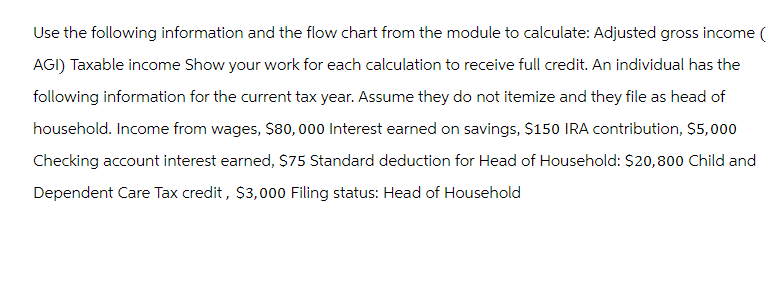 Use the following information and the flow chart from the module to calculate: Adjusted gross income (
AGI) Taxable income Show your work for each calculation to receive full credit. An individual has the
following information for the current tax year. Assume they do not itemize and they file as head of
household. Income from wages, $80,000 Interest earned on savings, $150 IRA contribution, $5,000
Checking account interest earned, $75 Standard deduction for Head of Household: $20,800 Child and
Dependent Care Tax credit, $3,000 Filing status: Head of Household