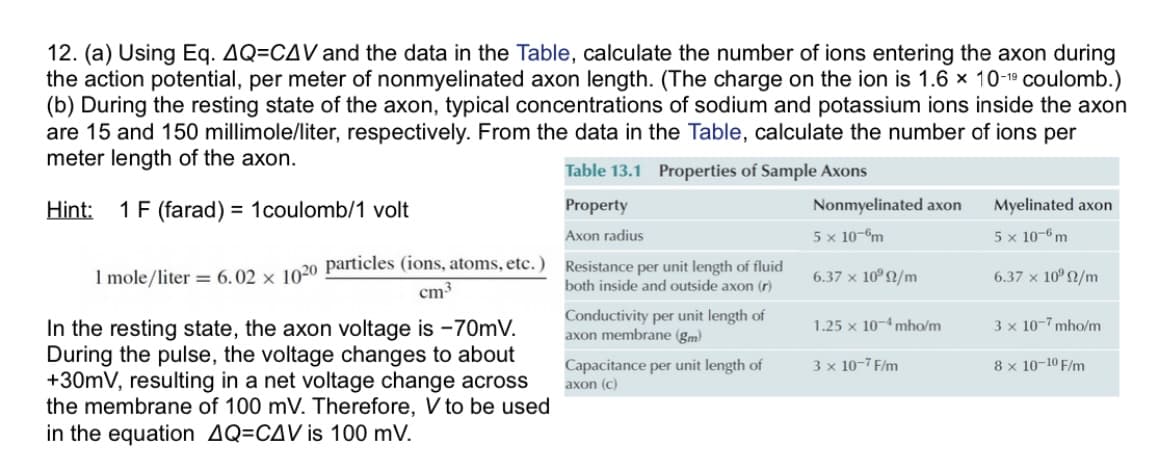 12. (a) Using Eq. AQ=CAV and the data in the Table, calculate the number of ions entering the axon during
the action potential, per meter of nonmyelinated axon length. (The charge on the ion is 1.6 x 10-19 coulomb.)
(b) During the resting state of the axon, typical concentrations of sodium and potassium ions inside the axon
are 15 and 150 millimole/liter, respectively. From the data in the Table, calculate the number of ions per
meter length of the axon.
Table 13.1 Properties of Sample Axons
Hint:
1 F (farad) = 1coulomb/1 volt
Property
Nonmyelinated axon
Myelinated axon
Axon radius
5 x 10-m
5 x 10-6 m
1 mole /liter = 6.02 x 1020 particles (ions, atoms, etc. ) Resistance per unit length of fluid
cm
6.37 x 10°2/m
6.37 x 10°2/m
both inside and outside axon (r)
Conductivity per unit length of
axon membrane (gm)
1.25 x 10-4 mho/m
In the resting state, the axon voltage is -70mV.
During the pulse, the voltage changes to about
+30mV, resulting in a net voltage change across
the membrane of 100 mV. Therefore, V to be used
in the equation AQ=CAV is 100 mV.
3 x 10-7 mho/m
Capacitance per unit length of
3 x 10-7 F/m
8 x 10-10 F/m
axon (c)
