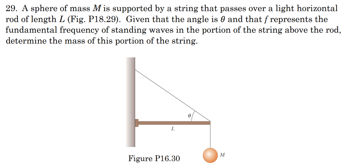 29. A sphere of mass M is supported by a string that passes over a light horizontal
rod of length L (Fig. P18.29). Given that the angle is 0 and that f represents the
fundamental frequency of standing waves in the portion of the string above the rod,
determine the mass of this portion of the string.
M
Figure P16.30
