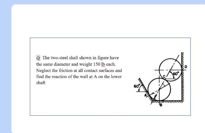 Q The two-steel shaft shown in figure have
the same diameter and weight 150 lb each.
Neglect the friction at all contact surfaces and
find the reaction of the wall at A on the lower
shaft
