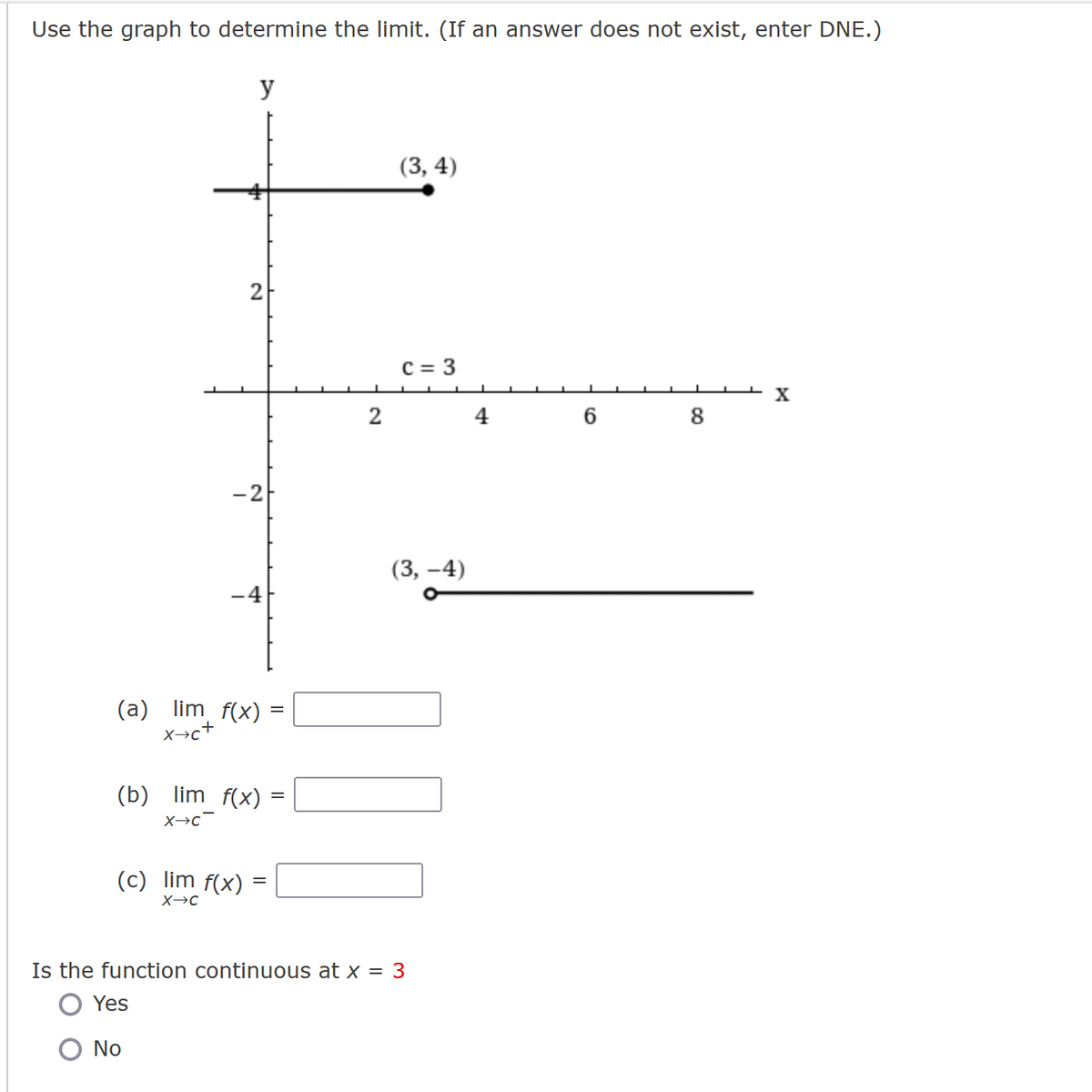 Use the graph to determine the limit. (If an answer does not exist, enter DNE.)
y
2
-2
(a) lim f(x) =
x+c+
(c) lim f(x)
X→C
(b) lim f(x) =
X→C
Ο No
=
2
(3, 4)
C = 3
(3,-4)
Is the function continuous at x = 3
Yes
L
4
6
CO
8
X