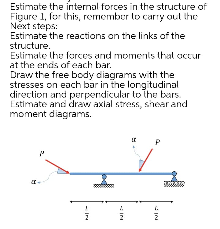 Estimate the internal forces in the structure of
Figure 1, for this, remember to carry out the
Next steps:
Estimate the reactions on the links of the
structure.
Estimate the forces and moments that occur
at the ends of each bar.
Draw the free body diagrams with the
stresses on each bar in the longitudinal
direction and perpendicular to the bars.
Estimate and draw axial stress, shear and
moment diagrams.
α
P
P
α+
1|2
72
L-2
L
L