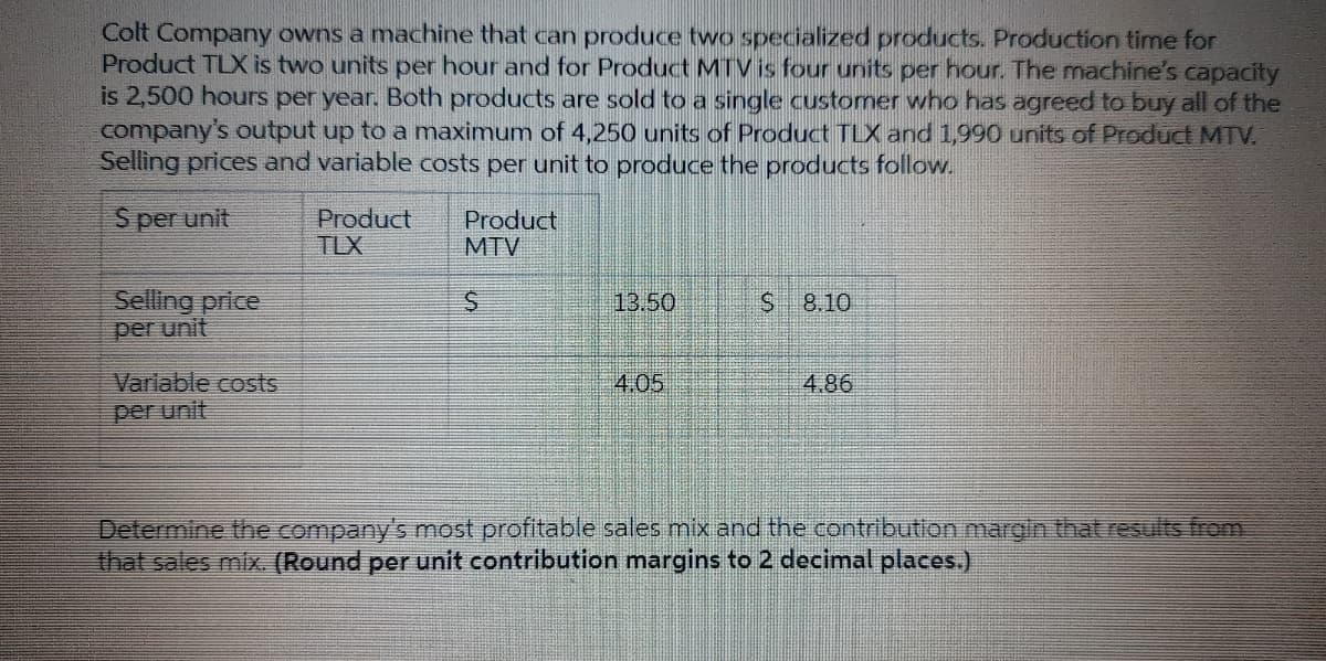 Colt Company owns a machine that can produce two specialized products. Production time for
Product TLX is two units per hour and for Product MTV is four units per hour. The machine's capacity
is 2,500 hours per year. Both products are sold to a single customer who has agreed to buy all of the
company's output up to a maximum of 4,250 units of Product TLX and 1,990 unts of Product MTV.
Selling prices and variable costs per unit to produce the products follow.
S per unit
Product
TLX
Product
MTV
Selling price
per unit
13.50
S 8.10
Variable costs
per unit
4.05
4.86
Determine the company's most profitable sales mix and the contribution margin that results from
that sales mix. (Round per unit contribution margins to 2 decimal places.)
