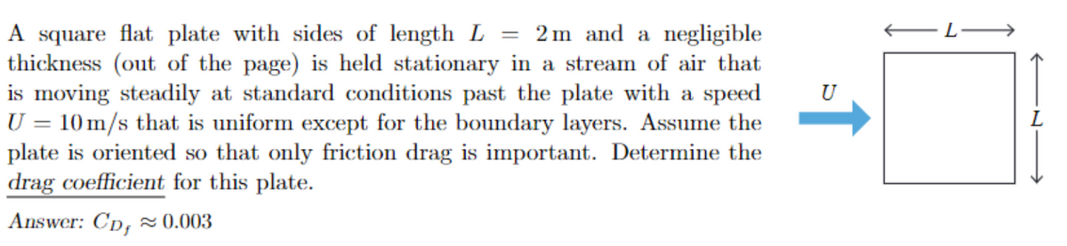 A square flat plate with sides of length L 2m and a negligible
thickness (out of the page) is held stationary in a stream of air that
is moving steadily at standard conditions past the plate with a speed
U = 10 m/s that is uniform except for the boundary layers. Assume the
plate is oriented so that only friction drag is important. Determine the
drag coefficient for this plate.
Answer: CD, ≈ 0.003
=
U
L-