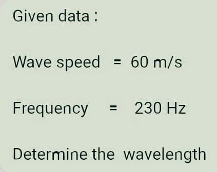 Given data:
Wave speed
60 m/s
Frequency
230 Hz
Determine the wavelength
II