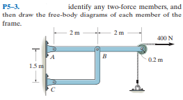 P5-3.
then draw the free-body diagrams of each member of the
identify any two-force members, and
frame.
2 m
400 N
в
0.2 m
1.5 m
