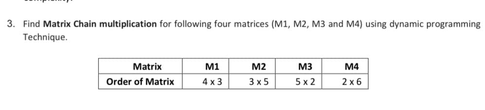 3. Find Matrix Chain multiplication for following four matrices (M1, M2, M3 and M4) using dynamic programming
Technique.
Matrix
M1
М2
M3
М4
Order of Matrix
4 x 3
3х5
5 x 2
2 x 6
