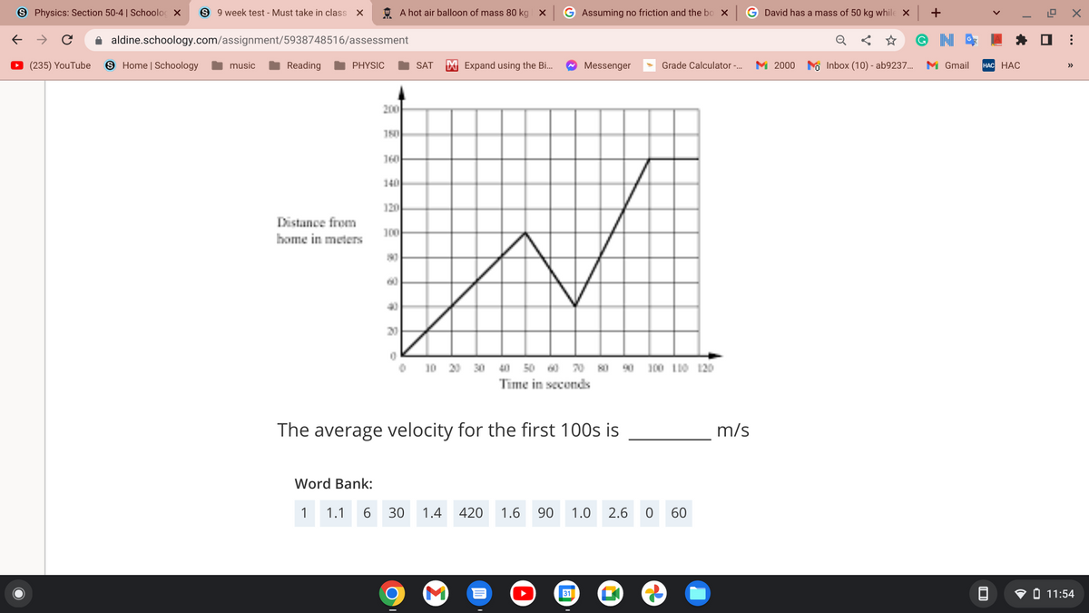 S Physics: Section 50-4 | Schooloc x
S 9 week test - Must take in class X
O A hot air balloon of mass 80 kg x
Assuming no friction and the bo x
G David has a mass of 50 kg while X
+
A aldine.schoology.com/assignment/5938748516/assessment
O (235) YouTube
S Home | Schoology
music
Reading
PHYSIC
SAT
X Expand using the B..
Messenger
Grade Calculator -.
M 2000
MO Inbox (10) - ab9237..
M Gmail
НAС НАС
>>
200
180
160
140
120
Distance from
home in meters
100
90
60
20
10 20 30 40 50 60 20 80 90 100 110 120
Time in seconds
The average velocity for the first 100s is
m/s
Word Bank:
1
1.1 6
30
1.4
420
1.6
90
1.0
2.6
60
31
V O 11:54
