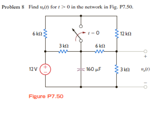 Problem 8 Find v(t) for t > 0 in the network in Fig. P7.50.
6 ΚΩ
12V
3 ΚΩ
www
Figure P7.50
Ο
6 ΚΩ
160 με
3 12 ΚΩ
3 ΚΩ
vg(f)