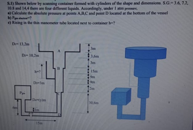 S.I) Shown below by scanning container formed with cylinders of the shape and dimensions. S.G.- 3.6, 7.2,
10.8 and 14,4 there are four different liquids. Accordingly, under 1 atm pressure,
a) Calculate the absolute pressure at points A,B,C and point D located at the bottom of the vessel
b) Ps ahnolute=?
c) Rising in the thin manometer tube located next to container h=?
Di- 13,2m
3m
D2= 10,2m
$3,6m
3m
B
h-?
15m
9m
Dy-3m
9m
2m
Pen
Daty)m
30,6m
6m
Im
15m
