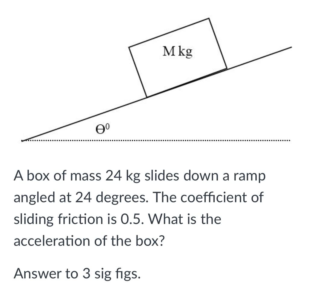 M kg
A box of mass 24 kg slides down a ramp
angled at 24 degrees. The coefficient of
sliding friction is 0.5. What is the
acceleration of the box?
Answer to 3 sig figs.
