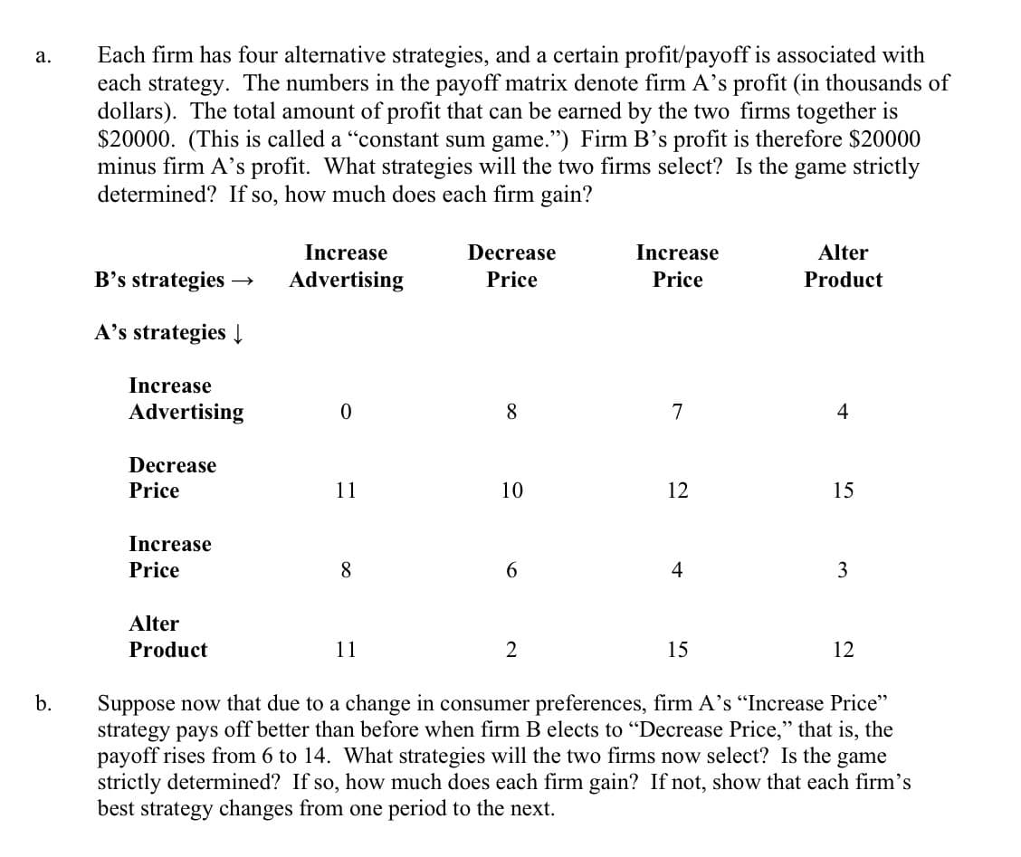 a.
b.
Each firm has four alternative strategies, and a certain profit/payoff is associated with
each strategy. The numbers in the payoff matrix denote firm A's profit (in thousands of
dollars). The total amount of profit that can be earned by the two firms together is
$20000. (This is called a "constant sum game.") Firm B's profit is therefore $20000
minus firm A's profit. What strategies will the two firms select? Is the game strictly
determined? If so, how much does each firm gain?
B's strategies
A's strategies ↓
Increase
Advertising
Decrease
Price
Increase
Price
Alter
Product
Increase
Advertising
0
11
8
11
Decrease
Price
8
10
6
2
Increase
Price
7
12
15
Alter
Product
4
15
3
12
Suppose now that due to a change in consumer preferences, firm A's "Increase Price"
strategy pays off better than before when firm B elects to "Decrease Price," that is, the
payoff rises from 6 to 14. What strategies will the two firms now select? Is the game
strictly determined? If so, how much does each firm gain? If not, show that each firm's
best strategy changes from one period to the next.
