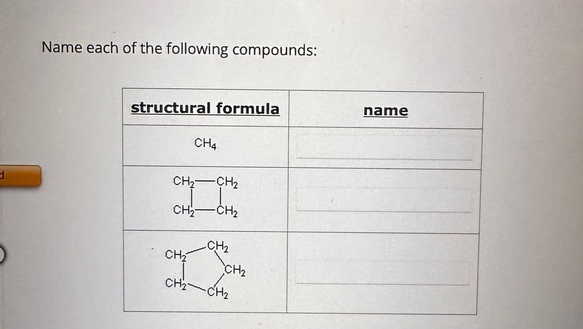 d
Name each of the following compounds:
structural formula
CH4
CH₂ CH₂
CH₂ CH₂
CH₂
CH₂
CH₂
CH₂CH₂
name