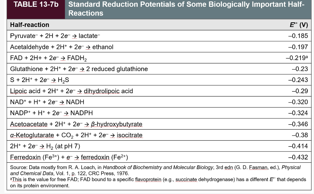 TABLE 13-7b
Standard Reduction Potentials of Some Biologically Important Half-
Reactions
Half-reaction
E" (V)
Pyruvate + 2H+ 2e → lactate-
-0.185
Acetaldehyde + 2H+ + 2e → ethanol
-0.197
FAD + 2H+ + 2e- → FADH₂
-0.219a
Glutathione + 2H+ + 2e → 2 reduced glutathione
-0.23
S + 2H+ + 2e → H₂S
-0.243
Lipoic acid + 2H+ + 2e → dihydrolipoic acid
-0.29
NAD+ + H+ + 2e → NADH
-0.320
NADP+ + H+ + 2e- → NADPH
-0.324
-0.346
Acetoacetate + 2H+ + 2e → B-hydroxybutyrate
a-Ke glutarate + CO₂ + 2H+ + 2e → isocitrate
-0.38
2H+ + 2e → H₂ (at pH 7)
-0.414
Ferredoxin (Fe³+) + e- → ferredoxin (Fe²+)
-0.432
Source: Data mostly from R. A. Loach, in Handbook of Biochemistry and Molecular Biology, 3rd edn (G. D. Fasman, ed.), Physical
and Chemical Data, Vol. 1, p. 122, CRC Press, 1976.
This is the value for free FAD; FAD bound to a specific flavoprotein (e.g., succinate dehydrogenase) has a different E" that depends
on its protein environment.