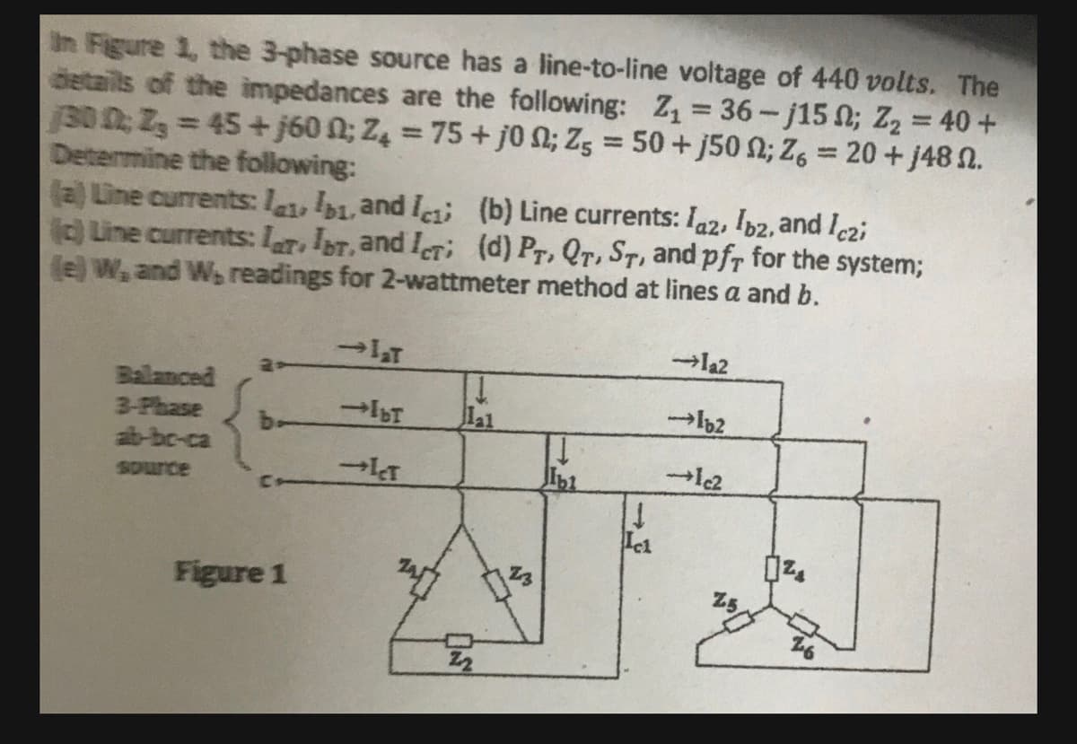 In Figure 1, the 3-phase source has a line-to-line voltage of 440 volts. The
details of the impedances are the following: Z₁ = 36-j15; Z₂ = 40 +
/300; Z₂ = 45+j60 ; Z₂ = 75 + jo ; Z5 = 50+j50; Z6 = 20+ j48 2.
Determine the following:
(a) Line currents: labi, and I
(c) Line currents: lar, Ibr, and ICT;
(b) Line currents: Iaz, Ibz, and Iczi
(d) PT, QT, ST, and pft for the system;
(e) W, and W, readings for 2-wattmeter method at lines a and b.
Balanced
3-Phase
ab-bc-ca
source
C
Figure 1
→laT
-Ibr
-KT
1
lal
²3
↓
Ibi
1
Ici
la2
lb2
le2ܝ
150
1²₂
OND