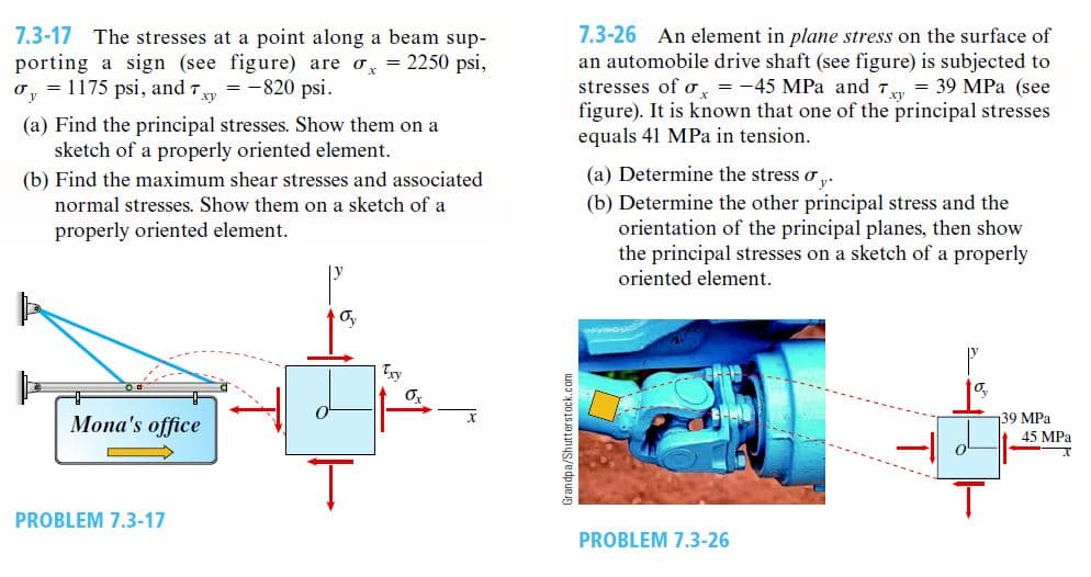 7.3-17 The stresses at a point along a beam sup-
porting a sign (see figure) are o = 2250 psi,
σ, = 1175 psi, and 7 xy = -820 psi.
(a) Find the principal stresses. Show them on a
sketch of a properly oriented element.
(b) Find the maximum shear stresses and associated
normal stresses. Show them on a sketch of a
properly oriented element.
Mona's office
PROBLEM 7.3-17
Oy
X
Grandpa/Shutterstock.com
7.3-26 An element in plane stress on the surface of
an automobile drive shaft (see figure) is subjected to
stresses of σ = -45 MPa and 7xy = 39 MPa (see
figure). It is known that one of the principal stresses
equals 41 MPa in tension.
(a) Determine the stress o
(b) Determine the other principal stress and the
orientation of the principal planes, then show
the principal stresses on a sketch of a properly
oriented element.
PROBLEM 7.3-26
139 MPa
45 MPa
