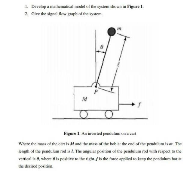 1. Develop a mathematical model of the system shown in Figure 1.
2. Give the signal flow graph of the system.
M
Figure 1. An inverted pendulum on a cart
Where the mass of the cart is M and the mass of the bob at the end of the pendulum is m. The
length of the pendulum rod is 1. The angular position of the pendulum rod with respect to the
vertical is 0, where 0 is positive to the right. f is the force applied to keep the pendulum bar at
the desired position.
