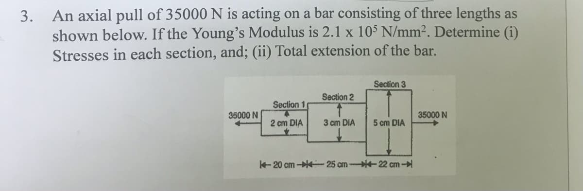 3. An axial pull of 35000 N is acting on a bar consisting of three lengths as
shown below. If the Young's Modulus is 2.1 x 105 N/mm2. Determine (i)
Stresses in each section, and; (ii) Total extension of the bar.
Section 3
Section 2
Section 1
35000 N
35000 N
2 cm DIA
3 cm DIA
5 cm DIA
k-20 cm- 25 cm -22 cm-
