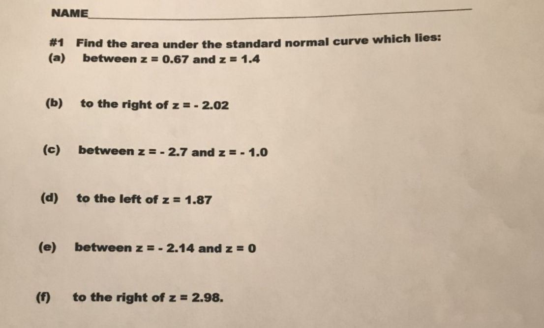 NAME
#1 Find the area under the standard normal curve which lies:
(a) between z = 0.67 and z = 1.4
(b)
(c) between z = -2.7 and z = -1.0
(d)
to the right of z = -2.02
(f)
to the left of z = 1.87
(e) between z = -2.14 and z = 0
to the right of z = 2.98.