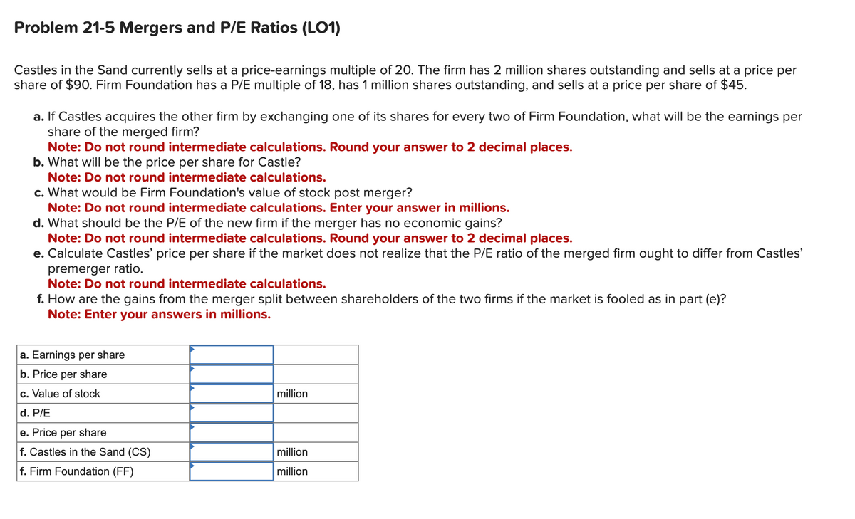 Problem 21-5 Mergers and P/E Ratios (LO1)
Castles in the Sand currently sells at a price-earnings multiple of 20. The firm has 2 million shares outstanding and sells at a price per
share of $90. Firm Foundation has a P/E multiple of 18, has 1 million shares outstanding, and sells at a price per share of $45.
a. If Castles acquires the other firm by exchanging one of its shares for every two of Firm Foundation, what will be the earnings per
share of the merged firm?
Note: Do not round intermediate calculations. Round your answer to 2 decimal places.
b. What will be the price per share for Castle?
Note: Do not round intermediate calculations.
c. What would be Firm Foundation's value of stock post merger?
Note: Do not round intermediate calculations. Enter your answer in millions.
d. What should be the P/E of the new firm if the merger has no economic gains?
Note: Do not round intermediate calculations. Round your answer to 2 decimal places.
e. Calculate Castles' price per share if the market does not realize that the P/E ratio of the merged firm ought to differ from Castles'
premerger ratio.
Note: Do not round intermediate calculations.
f. How are the gains from the merger split between shareholders of the two firms if the market is fooled as in part (e)?
Note: Enter your answers in millions.
a. Earnings per share
b. Price per share
c. Value of stock
d. P/E
e. Price per share
f. Castles in the Sand (CS)
f. Firm Foundation (FF)
million
million
million