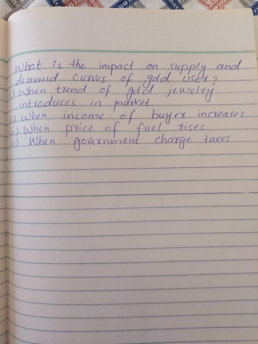 what is theimpact
demasnd CurVes of geld 'úsds?
when trend ef gdel jeweliyy
introduces in pmaiket
upply and
on
when
when
I When '
income of buyer increases
price of fuel tises.
governimentcharge taves.
