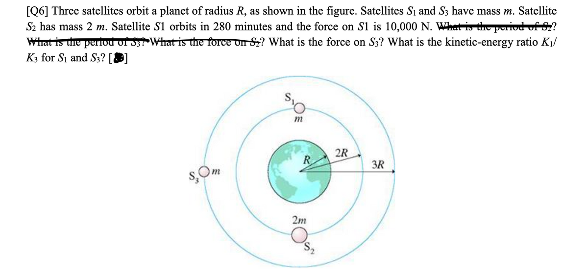 [Q6] Three satellites orbit a planet of radius R, as shown in the figure. Satellites Si and S3 have mass m. Satellite
S2 has mass 2 m. Satellite S1 orbits in 280 minutes and the force on S1 is 10,000 N. What is the poriod of 52?
What is the period of 53 What is the force on Sz? What is the force on S3? What is the kinetic-energy ratio K1/
K3 for S1 and S3?
m
2R
R
3R
sOm
2m
S,
