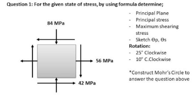 Question 1: For the given state of stress, by using formula determine;
Principal Plane
- Principal stress
Maximum shearing
84 MPa
stress
Sketch ep, Os
Rotation:
25 Clockwise
56 MPа
10° C.Clockwise
*Construct Mohr's Circle to
answer the question above
42 MPа
