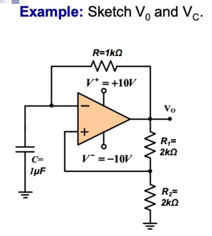 Example: Sketch V and Vc.
1µF
R=1kQ
V+ = +10V
+
V = -10V
Vo
R₁=
2ΚΩ
R₂=
2kQ2