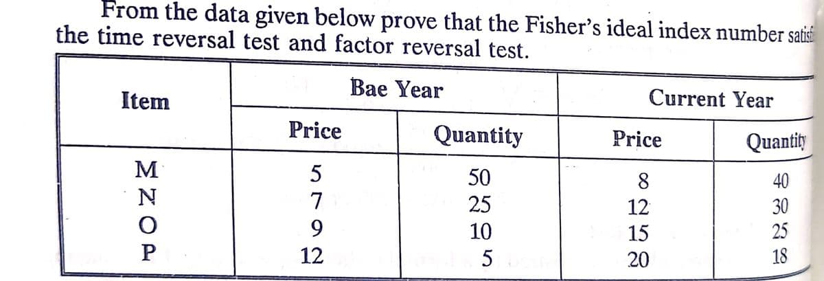 From the data given below prove that the Fisher's ideal index number satis
the time reversal test and factor reversal test.
Bae Year
Item
Current Year
Price
Quantity
Price
Quantity
M
50
8.
40
7
25
12
30
25
10
15
12
20
18
