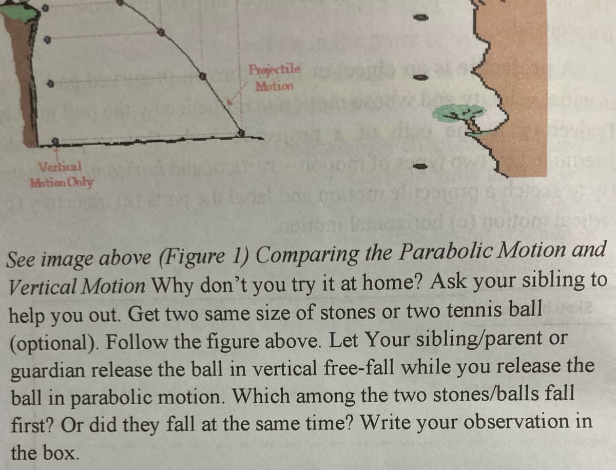 Projectile
Mobion
Vertical
Motion Only
See image above (Figure 1) Comparing the Parabolic Motion and
Vertical Motion Why don't you try it at home? Ask your sibling to
help you out. Get two same size of stones or two tennis ball
(optional). Follow the figure above. Let Your sibling/parent or
guardian release the ball in vertical free-fall while you release the
ball in parabolic motion. Which among the two stones/balls fall
first? Or did they fall at the same time? Write your observation in
the box.
