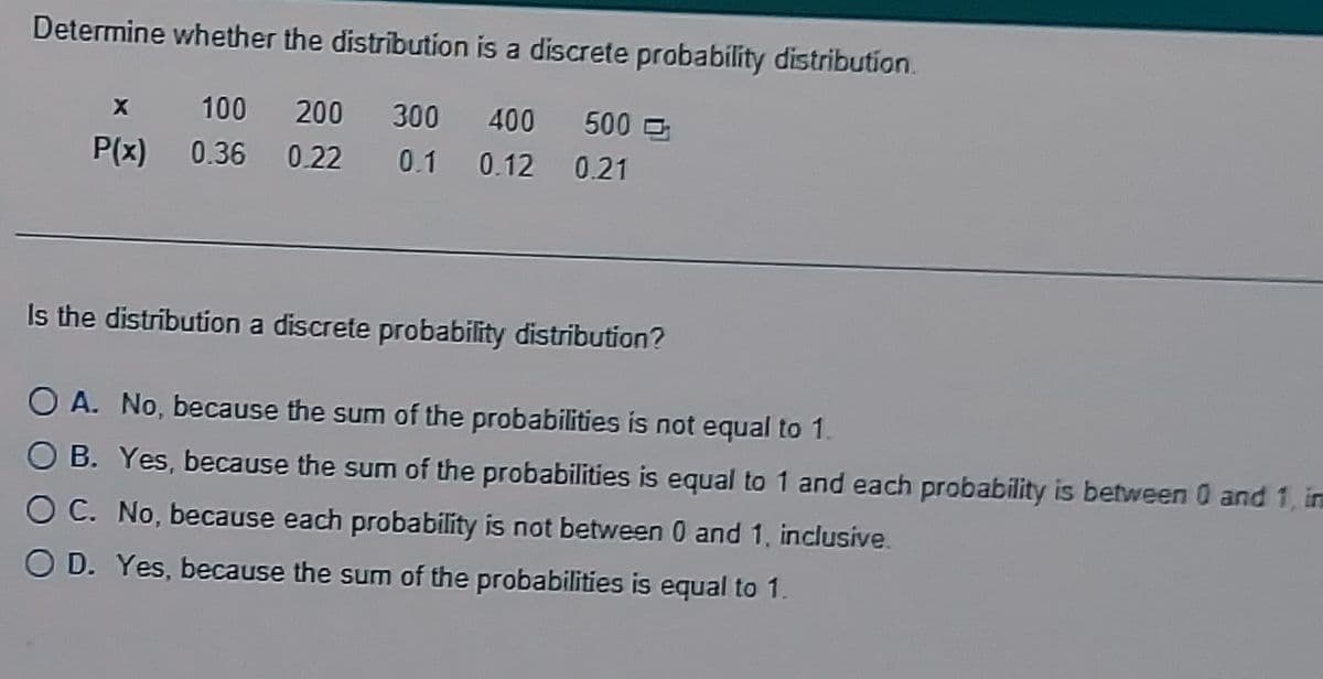 Determine whether the distribution is a discrete probability distribution.
100 200 300 400 500
0.36 0.22 0.1 0.12 0.21
x
P(x)
Is the distribution a discrete probability distribution?
OA. No, because the sum of the probabilities is not equal to 1.
B. Yes, because the sum of the probabilities is equal to 1 and each probability is between 0 and 1, in
O C. No, because each probability is not between 0 and 1, inclusive.
O D. Yes, because the sum of the probabilities is equal to 1.