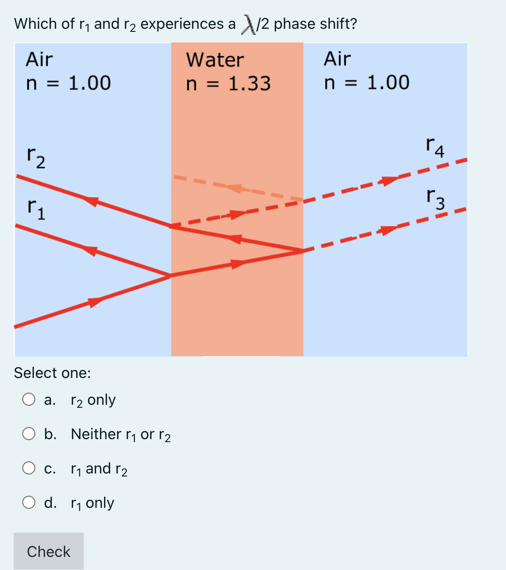 Which of ₁ and 2 experiences a/2 phase shift?
Air
Water
Air
n = 1.00
n = 1.33
n = 1.00
r₂
r₁
Select one:
a.
b.
c.
d.
Check
r₂ only
Neither r₁ or r2
₁ and 2
₁ only