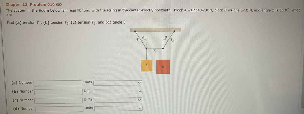 Chapter 12, Problem 010 GO
The system in the figure below is in equilibrium, with the string in the center exactly horizontal. Block A weighs 42.0 N, block B weighs 57.0 N, and angle p is 36.0°. What
are
Find (a) tension T, (b) tension T2, (c) tension T3, and (d) angle 0.
A
(a) Number
Units
(b) Number
Units
(c) Number
Units
(d) Number
Units
