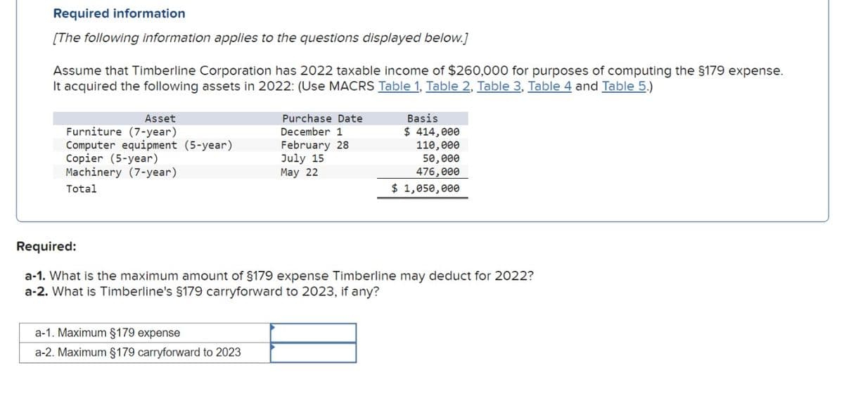 Required information
[The following information applies to the questions displayed below.]
Assume that Timberline Corporation has 2022 taxable income of $260,000 for purposes of computing the §179 expense.
It acquired the following assets in 2022: (Use MACRS Table 1, Table 2, Table 3, Table 4 and Table 5.)
Asset
Furniture (7-year)
Computer equipment (5-year)
Copier (5-year)
Machinery (7-year)
Total
Purchase Date
December 1
February 28
July 15
May 22
a-1. Maximum §179 expense
a-2. Maximum §179 carryforward to 2023
Basis
$414,000
110,000
50,000
476,000
$ 1,050,000
Required:
a-1. What is the maximum amount of §179 expense Timberline may deduct for 2022?
a-2. What is Timberline's §179 carryforward to 2023, if any?