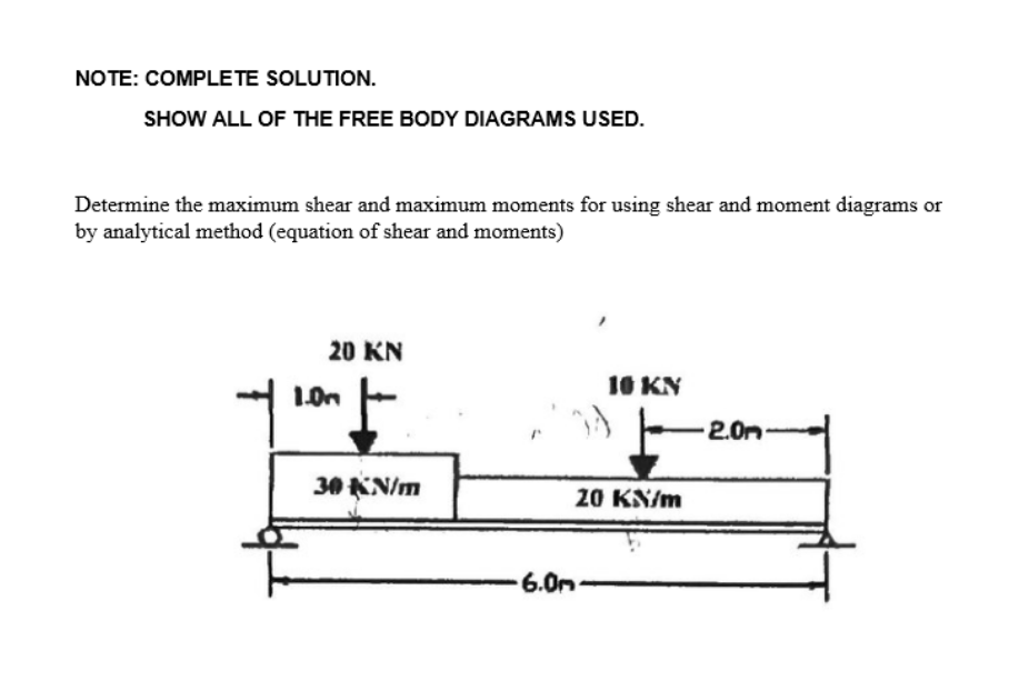 NOTE: COMPLETE SOLUTION.
SHOW ALL OF THE FREE BODY DIAGRAMS USED.
Determine the maximum shear and maximum moments for using shear and moment diagrams or
by analytical method (equation of shear and moments)
ㅓ
20 KN
1.0m
30 KN/m
10 KN
20 KN/m
-6.0m-
2.0m
