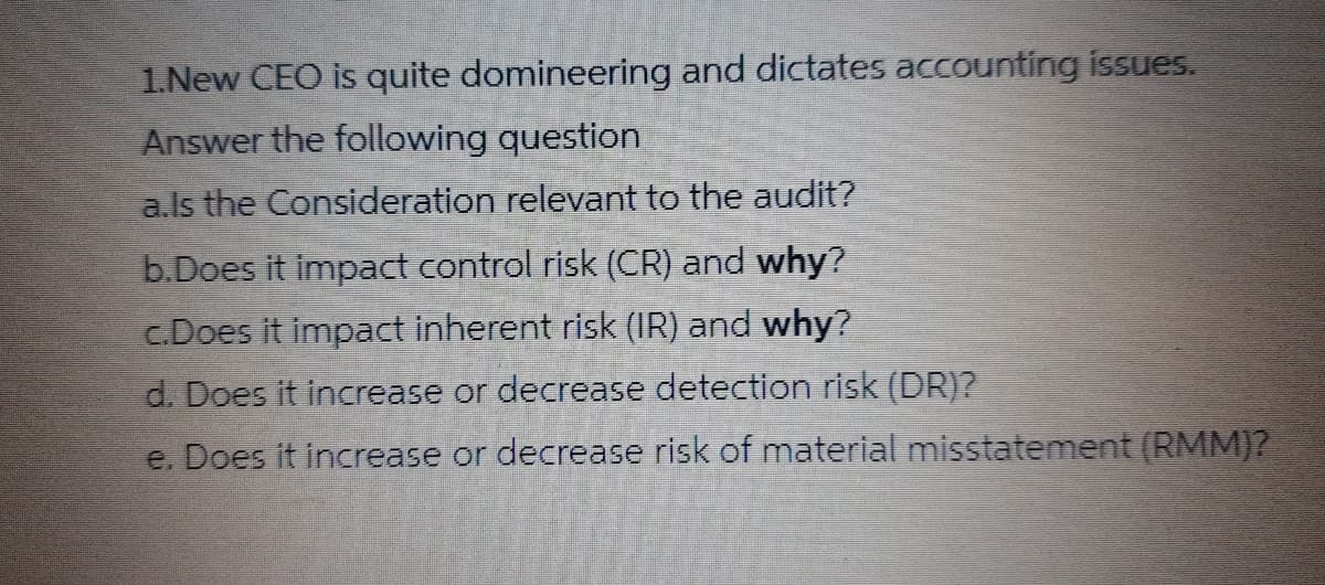 1.New CEO is quite domineering and dictates accounting issues.
Answer the following question
a.ls the Consideration relevant to the audit?
b.Does it impact control risk (CR) and why?
c.Does it impact inherent risk (IR) and why?
d. Does it increase or decrease detection risk (DR)?
e. Does it increase or decrease risk of material misstatement (RMM)?
