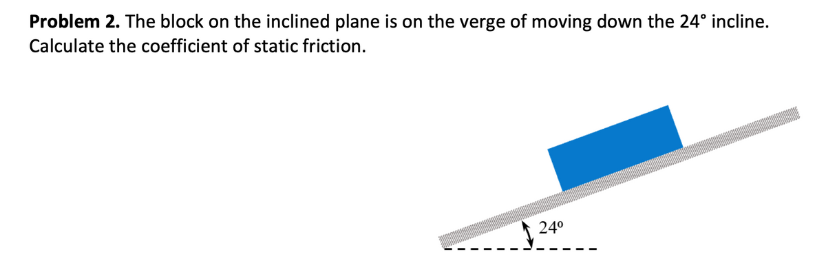 Problem 2. The block on the inclined plane is on the verge of moving down the 24° incline.
Calculate the coefficient of static friction.
24⁰