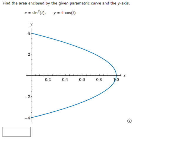Find the area enclosed by the given parametric curve and the y-axis.
x = sin²(t), y = 4 cos(t)
y
4
2
-2
0.2
0.4
0.6
0.8
1.0
X