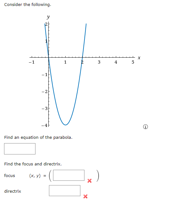 Consider the following.
-1
focus
I
directrix
y
-2
-3
Find an equation of the parabola.
Find the focus and directrix.
(x, y) =
1
X
X
3
X
4 5
☺