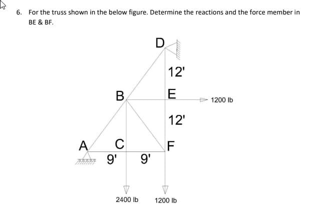 6. For the truss shown in the below figure. Determine the reactions and the force member in
BE & BF.
D.
12'
В
E
1200 Ib
12'
A
9'
C
9'
2400 lb
1200 Ib
