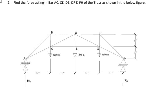 2. Find the force acting in Bar AC, CE, DE, DF & FH of the Truss as shown in the below figure.
B
F
E
1000 ib
1000 b
1000 b
A
-12
12
-12-
-12
RA
RB
