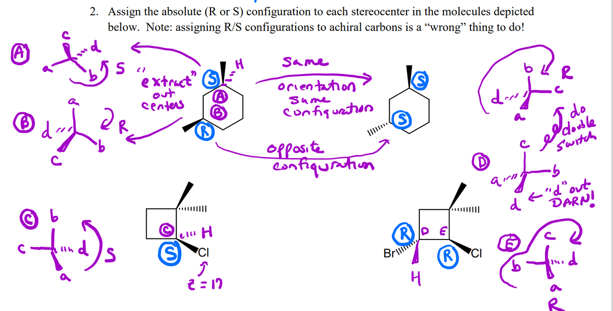 2. Assign the absolute (R or S) configuration to each stereocenter in the molecules depicted
below. Note: assigning R/S configurations to achiral carbons is a “wrong" thing to do!
Same
e xtruct S
out
senters
orien tation
a
sume
confiquation
I do
Opposite
confiquration
double
Switch
© b
|||||
E"d"out
d
DARN!
CI
R
Bril
R CI
2 = 17
