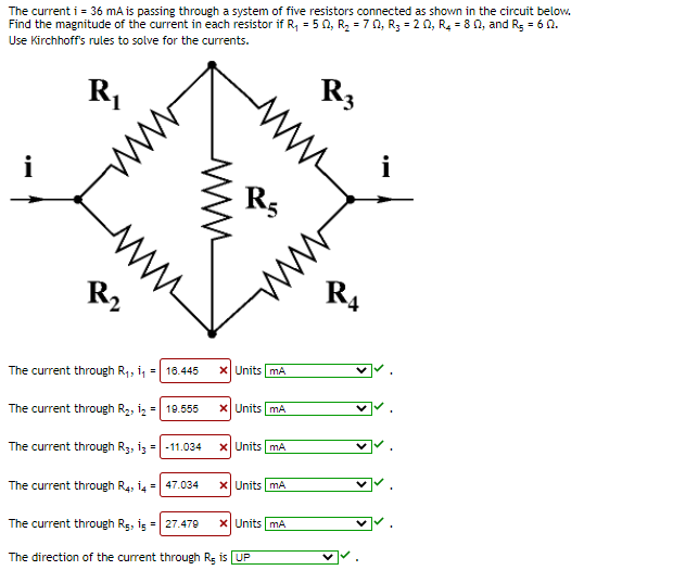 The current i = 36 mA is passing through a system of five resistors connected as shown in the circuit below.
Find the magnitude of the current in each resistor if R, = 5 0, R2 = 7 0, R3 = 2 0, R4 = 8 0, and Rg = 6 0.
Use Kirchhoff's rules to solve for the currents.
R,
R3
i
R5
ww
R2
R4
X Units mA
The current through R, i, =| 18.445
X Units mA
The current through R2, iz = 19.555
X Units mA
The current through R3, iz =-11.034
X Units mA
The current through R4, 14 =| 47.034
X Units mA
The current through Rg, iş = 27.479
The direction of the current through Rg is UP
