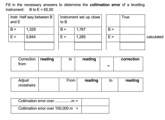 Fill in the necessary answers to determine the collimation error of a levelling
instrument: Bto E = 65,00
Instr. Half way between B
and E
Instrument set up close
to B
True
B =
1,329
B =
1,767
B =
E =
0,844
E =
1,285
E =
calculated
Correction reading
to
reading
correction
from
Adjust
From
reading
to
reading
crosshairs
Collimation error over
.............m =
Collimation error over 100,000 m =

