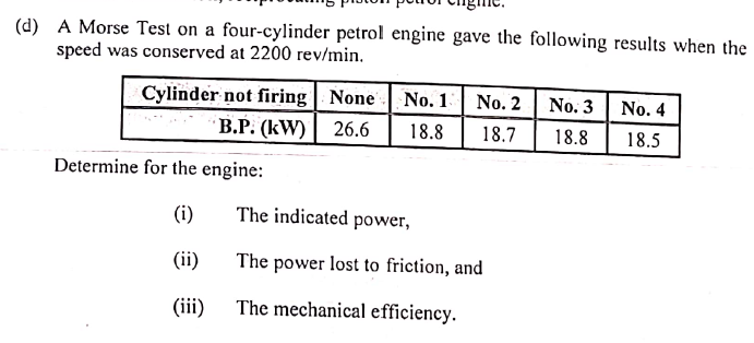 (d) A Morse Test on a four-cylinder petrol engine gave the following results when the
speed was conserved at 2200 rev/min.
Cylinder not firing
B.P. (kW)
Determine for the engine:
(i)
(ii)
(iii)
None
No. 1 No. 2
26.6 18.8 18.7
The indicated power,
The power lost to friction, and
The mechanical efficiency.
No. 3
18.8
No. 4
18.5