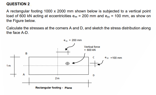 QUESTION 2
A rectangular footing 1000 x 2000 mm shown below is subjected to a vertical point
load of 600 kN acting at eccentricities ex = 200 mm and eyy = 100 mm, as show on
the Figure below.
Calculate the stresses at the corners A and D, and sketch the stress distribution along
the face A-D.
е 200 mm
Vertical force
= 600 kN
B
eyy =100 mm
1 m
D.
2m
Rectangular footing - Plane
