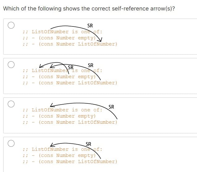 Which of the following shows the correct self-reference arrow(s)?
SR
;; ListofNumber is one of:
(cons Number empty)]
;
(cons Number ListofNumber)
SR
SR
;; ListofNumber is one of:
(cons Number empty)
;
(cons Number ListOfNumber)
SR
;; ListofNumber is one of:
(cons Number empty)
(cons Number ListofNumber)
SR
;; ListofNumber is one of:
77
(cons Number empty))
-
(cons Number ListofNumber)