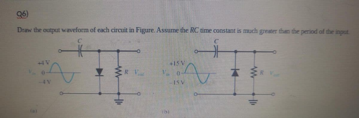 Q6)
Draw the output waveform of each circuit in Figure. Assume the RC time constant is much greater than the period of the input.
91
+159
ISE