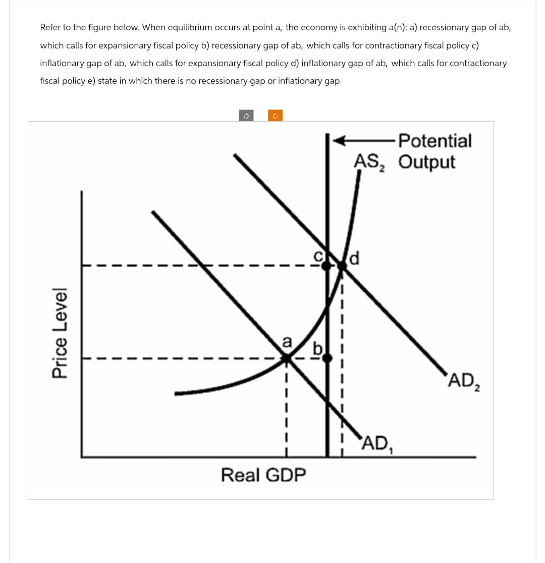 Price Level
Refer to the figure below. When equilibrium occurs at point a, the economy is exhibiting a(n): a) recessionary gap of ab,
which calls for expansionary fiscal policy b) recessionary gap of ab, which calls for contractionary fiscal policy c)
inflationary gap of ab, which calls for expansionary fiscal policy d) inflationary gap of ab, which calls for contractionary
fiscal policy e) state in which there is no recessionary gap or inflationary gap
J
C
a
✓ d
-Potential
AS₂ Output
b
AD₂
Real GDP
AD₁